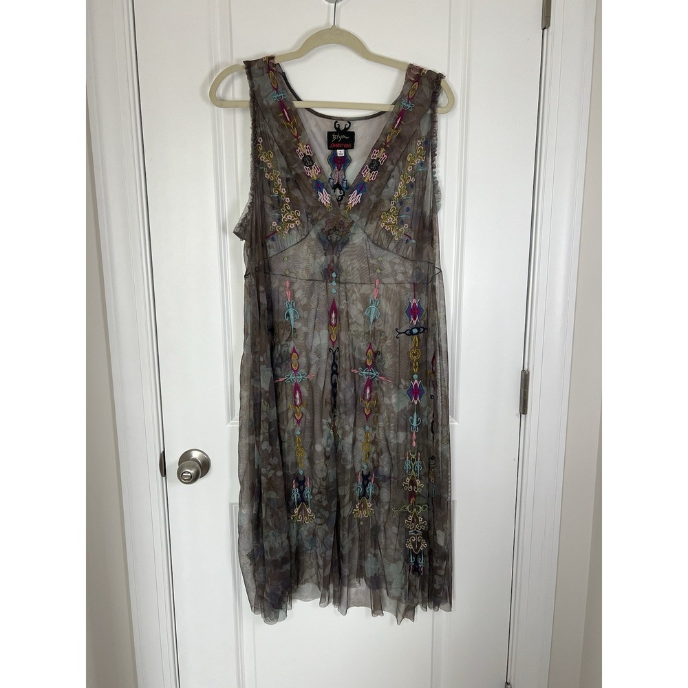 Johnny Was Biya Line Caddie Mesh Slip Dress XL Boho Festival Embroidered